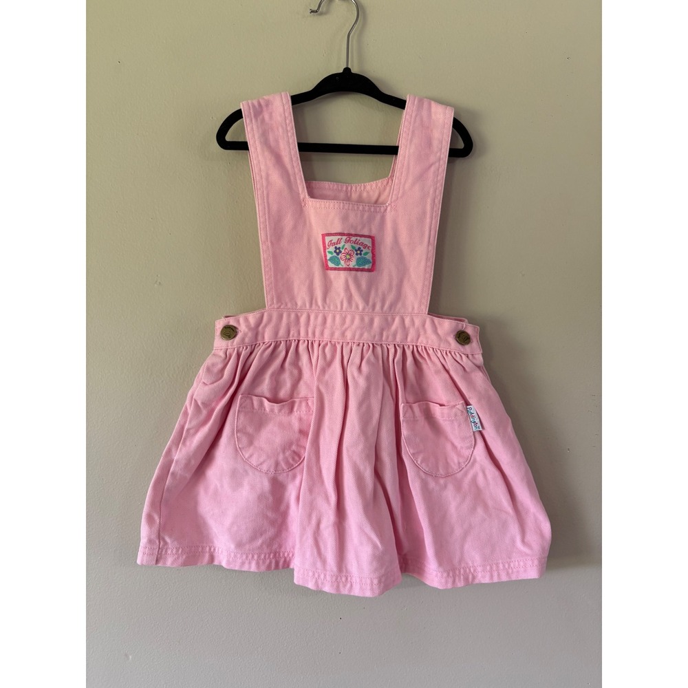VTG Paddington Bear Pink Denim Pinafore Dress Jumper Fall Foliage 3T 100% Cotton